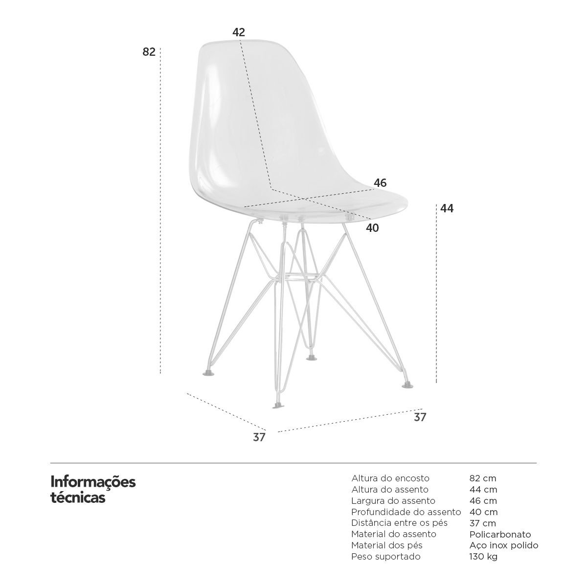 Cadeira acrílica Charles Eames Eiffel DKR com base de aço inox polido Incolor
