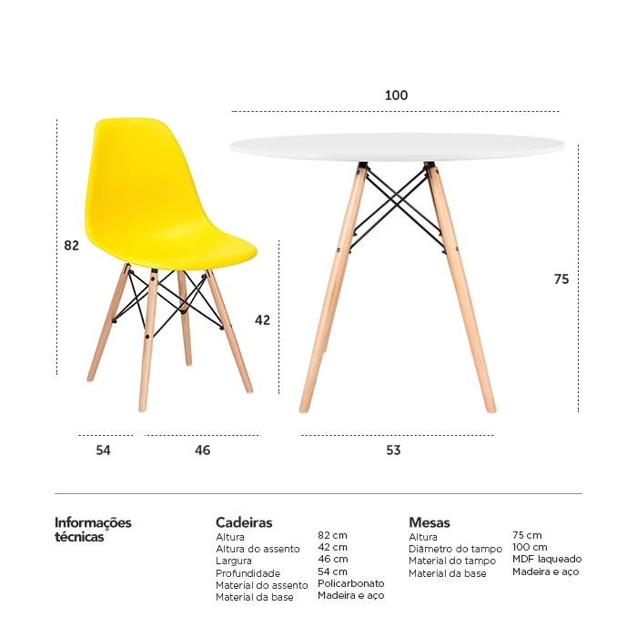 Conjunto - Mesa Eames 100 cm branco + 4 cadeiras Eames Eiffel DSW amarelo