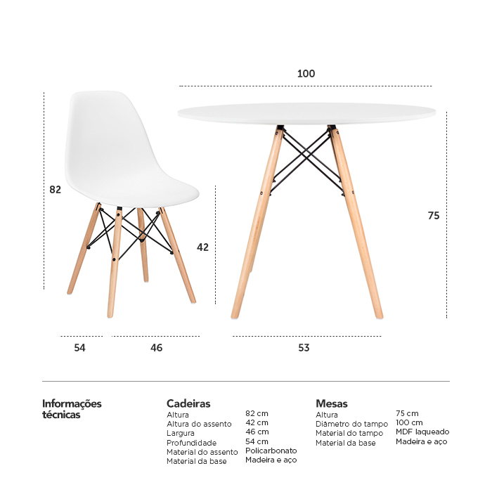 Conjunto - Mesa Eames 100 cm branco + 4 cadeiras Eames Eiffel DSW branco