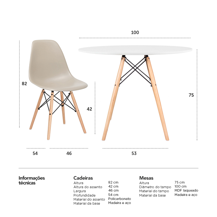 Conjunto - Mesa Eames 100 cm branco + 4 cadeiras Eames Eiffel DSW nude