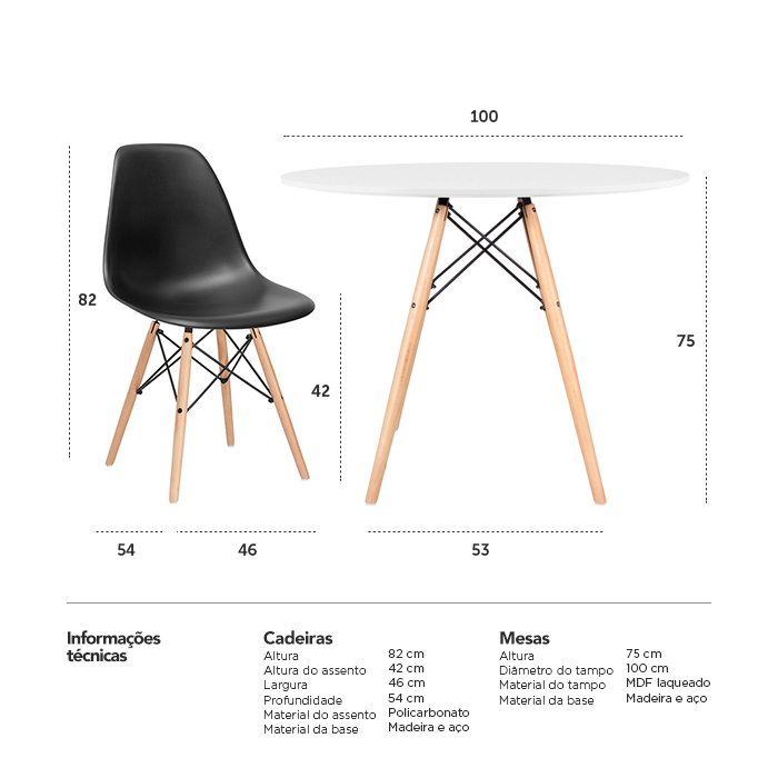 Conjunto - Mesa Eames 100 cm branco + 4 cadeiras Eames Eiffel DSW preto