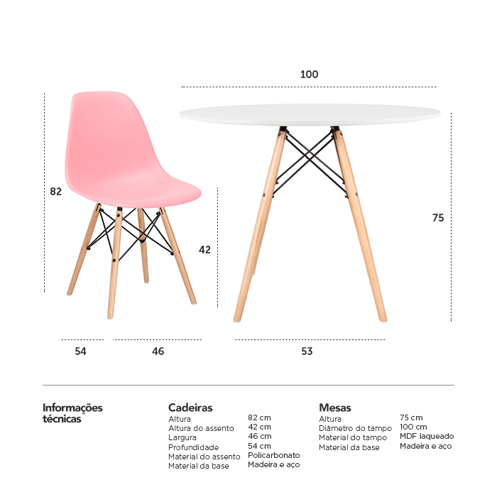 Conjunto - Mesa Eames 100 cm branco + 4 cadeiras Eames Eiffel DSW rosa