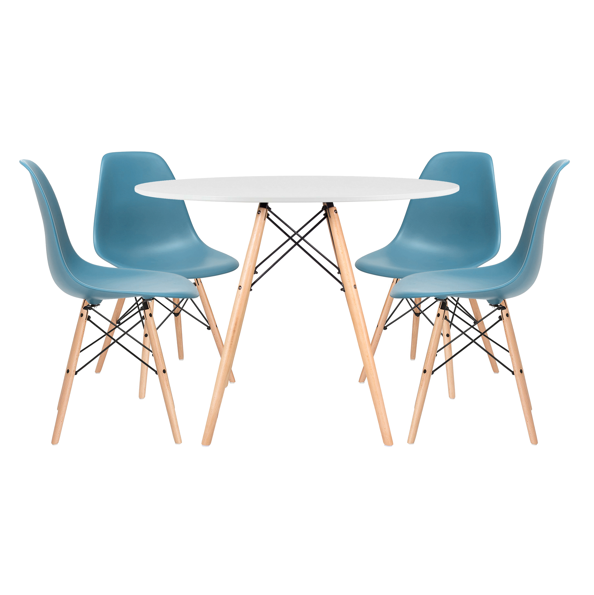 Conjunto - Mesa Eames 100 cm branco + 4 cadeiras Eames Eiffel DSW turquesa