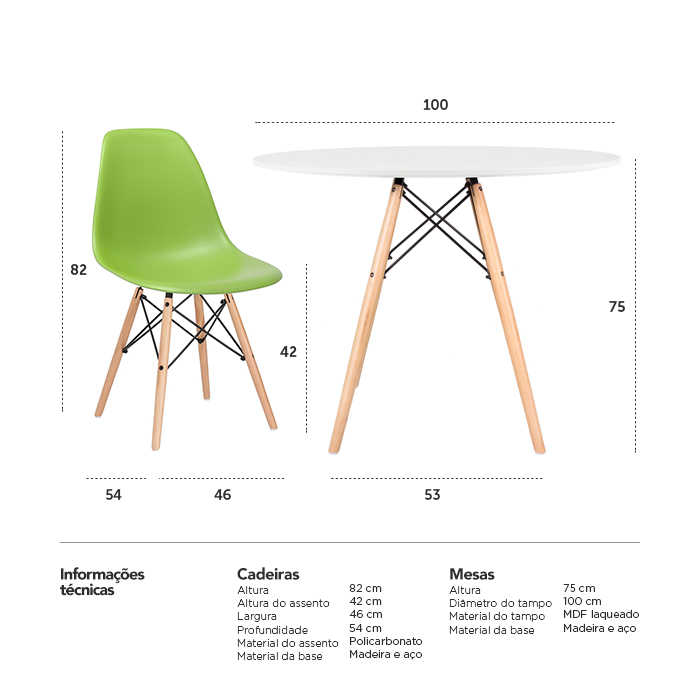 Conjunto - Mesa Eames 100 cm branco + 4 cadeiras Eames Eiffel DSW verde claro