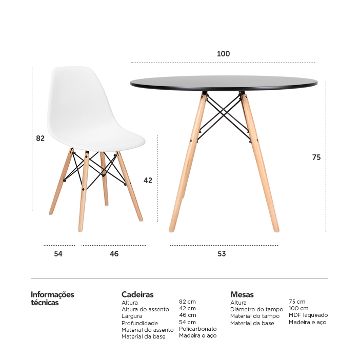 Conjunto - Mesa Eames 100 cm preto + 4 cadeiras Eames Eiffel DSW branco