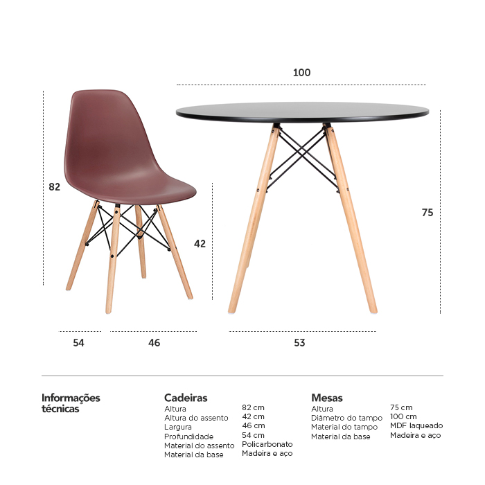 Conjunto - Mesa Eames 100 cm preto + 4 cadeiras Eames Eiffel DSW marrom