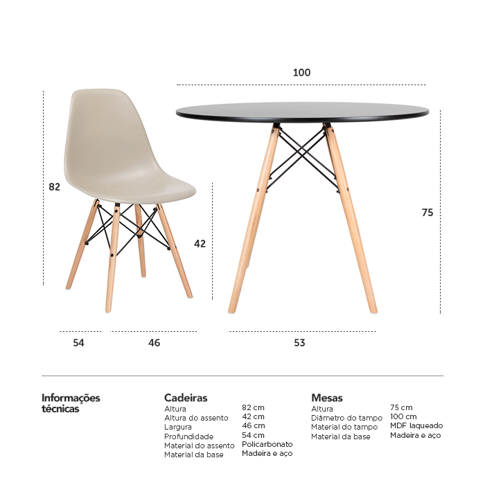 Conjunto - Mesa Eames 100 cm preto + 4 cadeiras Eames Eiffel DSW nude