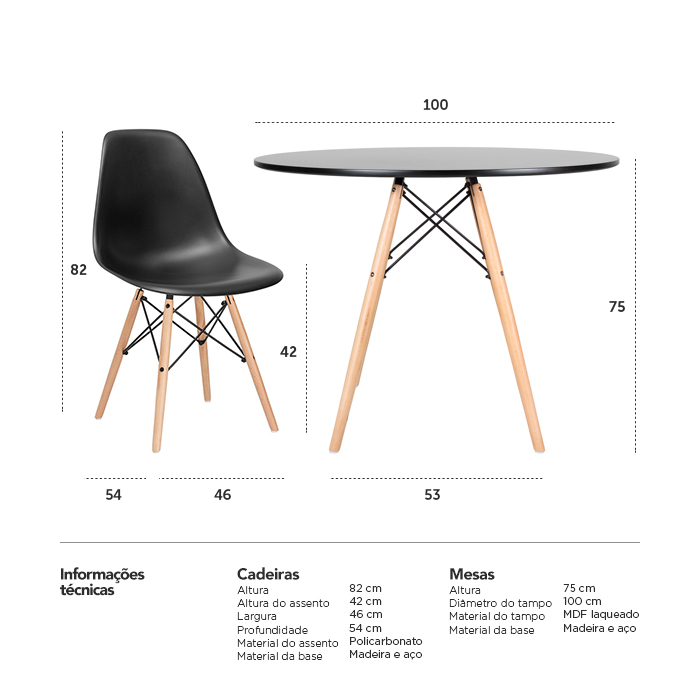 Conjunto - Mesa Eames 100 cm preto + 4 cadeiras Eames Eiffel DSW preto