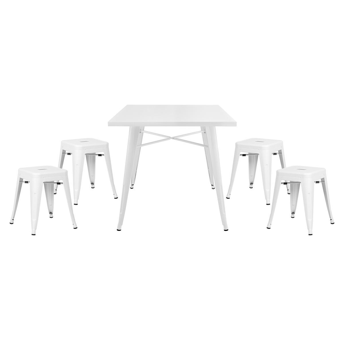 Conjunto - Mesa quadrada Tolix + 4 banquetas baixas Tolix - Metal - Branco