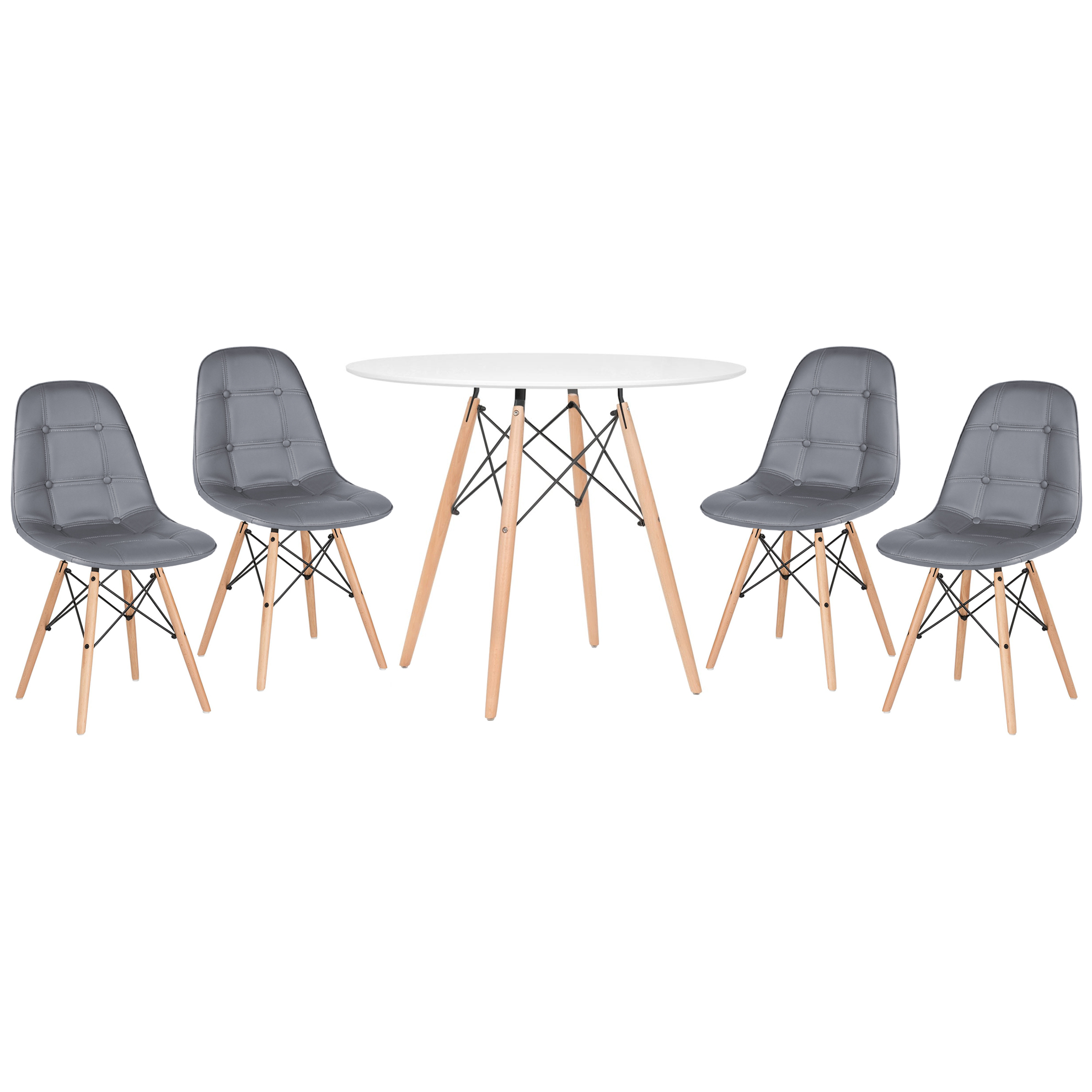 Conjunto Mesa Eames 90 cm branco + 4 cadeiras estofadas Eames Eiffel Botonê cinza escuro