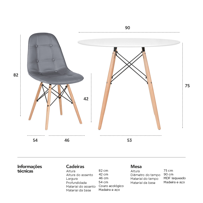 Conjunto Mesa Eames 90 cm branco + 4 cadeiras estofadas Eames Eiffel Botonê cinza escuro