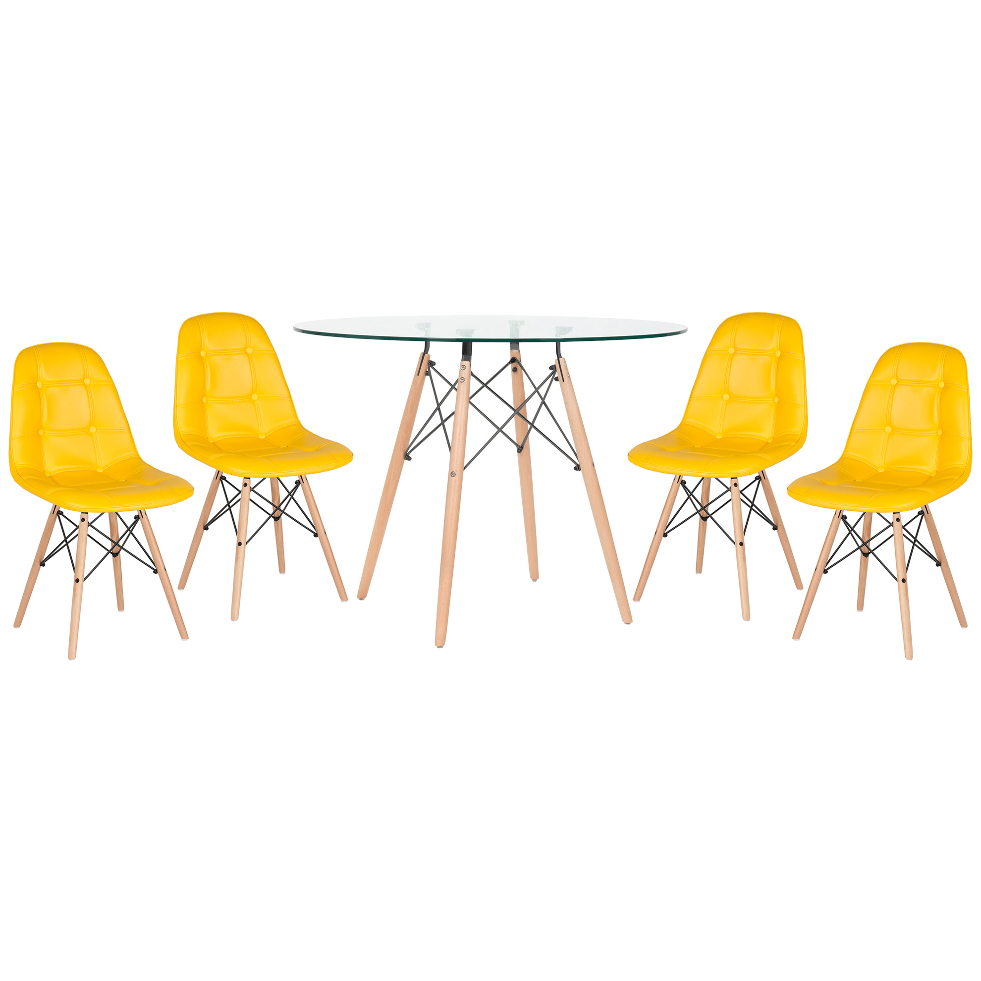 Conjunto Mesa de vidro Eames 100 cm + 4 cadeiras estofadas Eames Eiffel Botonê - Amarelo