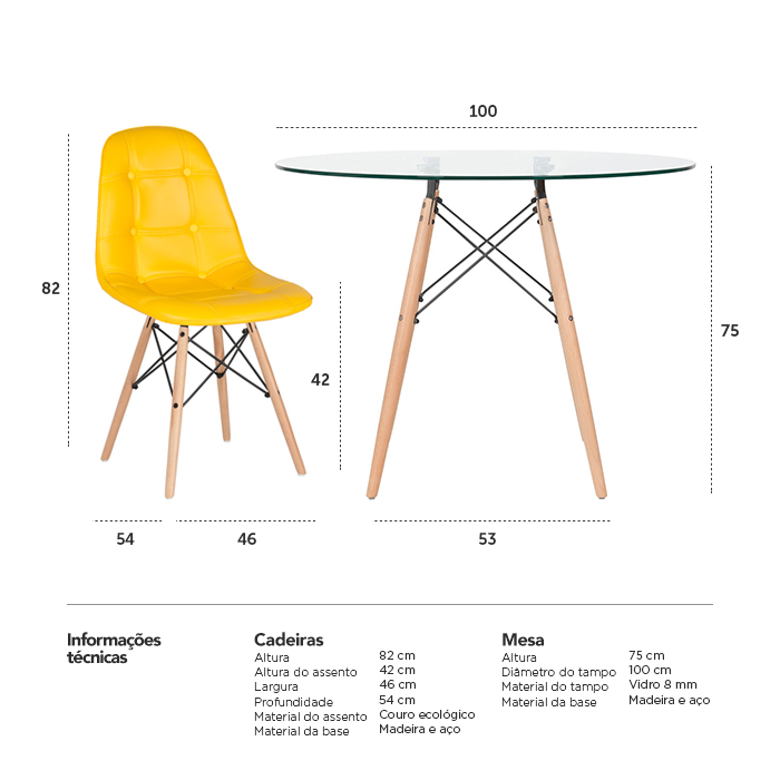 Conjunto Mesa de vidro Eames 100 cm + 4 cadeiras estofadas Eames Eiffel Botonê - Amarelo