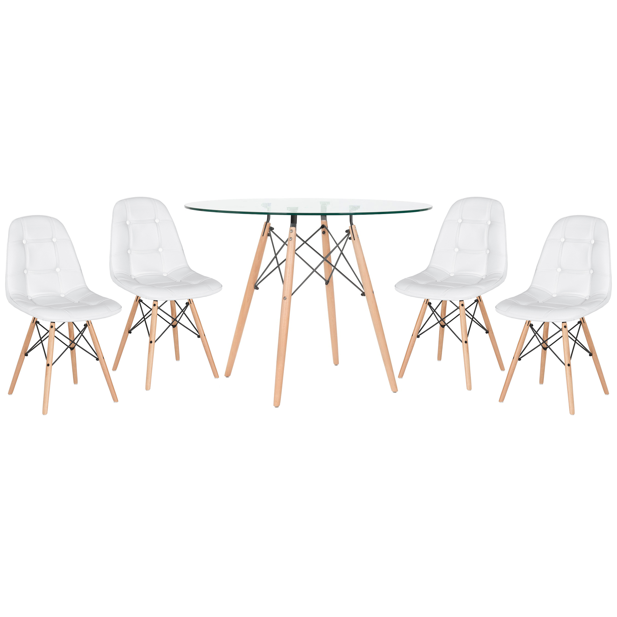 Conjunto Mesa de vidro Eames 100 cm + 4 cadeiras estofadas Eames Eiffel Botonê - Branco