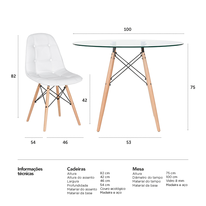 Conjunto Mesa de vidro Eames 100 cm + 4 cadeiras estofadas Eames Eiffel Botonê - Branco