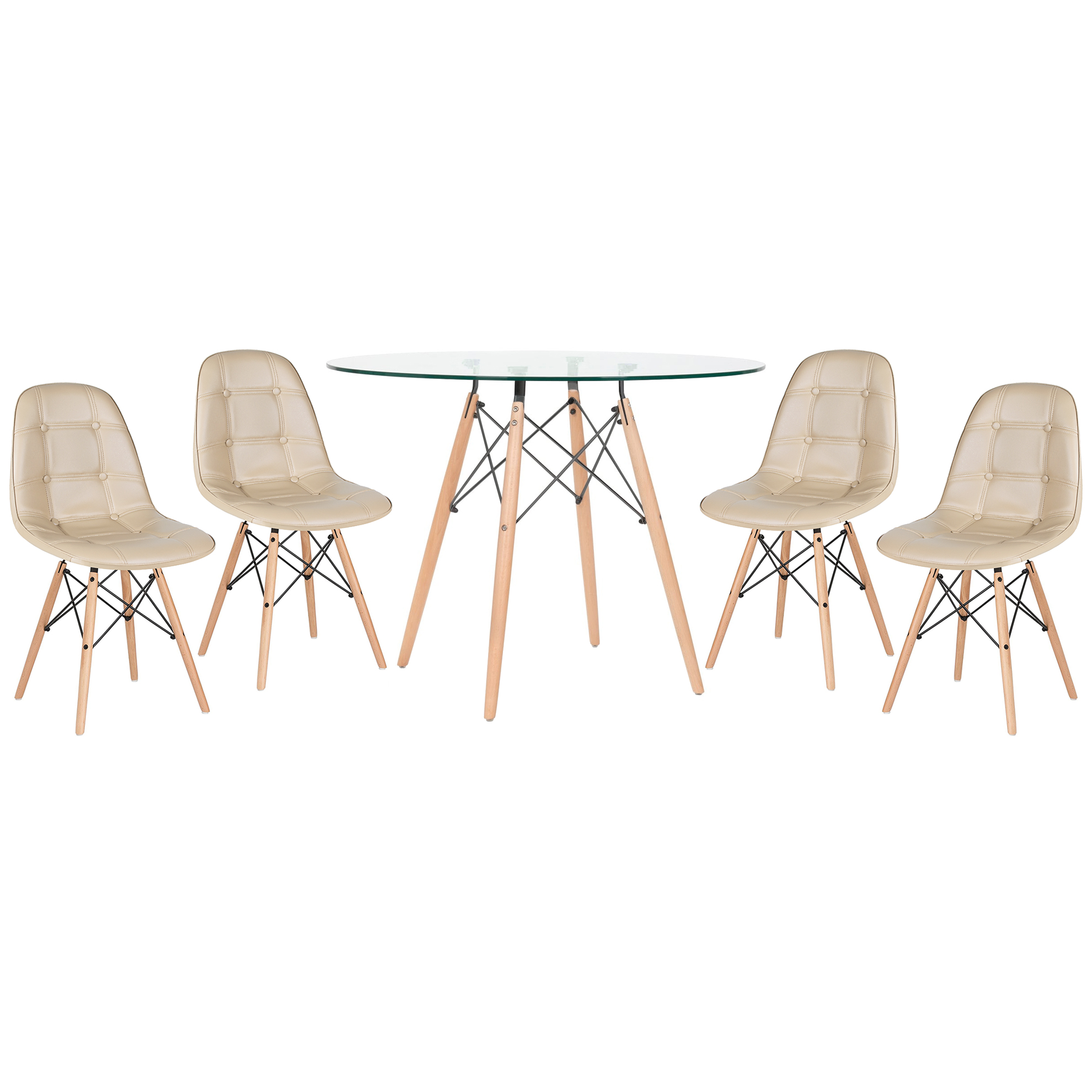Conjunto Mesa de vidro Eames 100 cm + 4 cadeiras estofadas Eames Eiffel Botonê - Nude