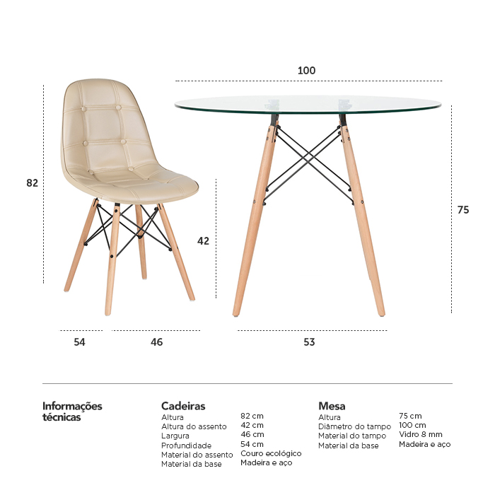 Conjunto Mesa de vidro Eames 100 cm + 4 cadeiras estofadas Eames Eiffel Botonê - Nude