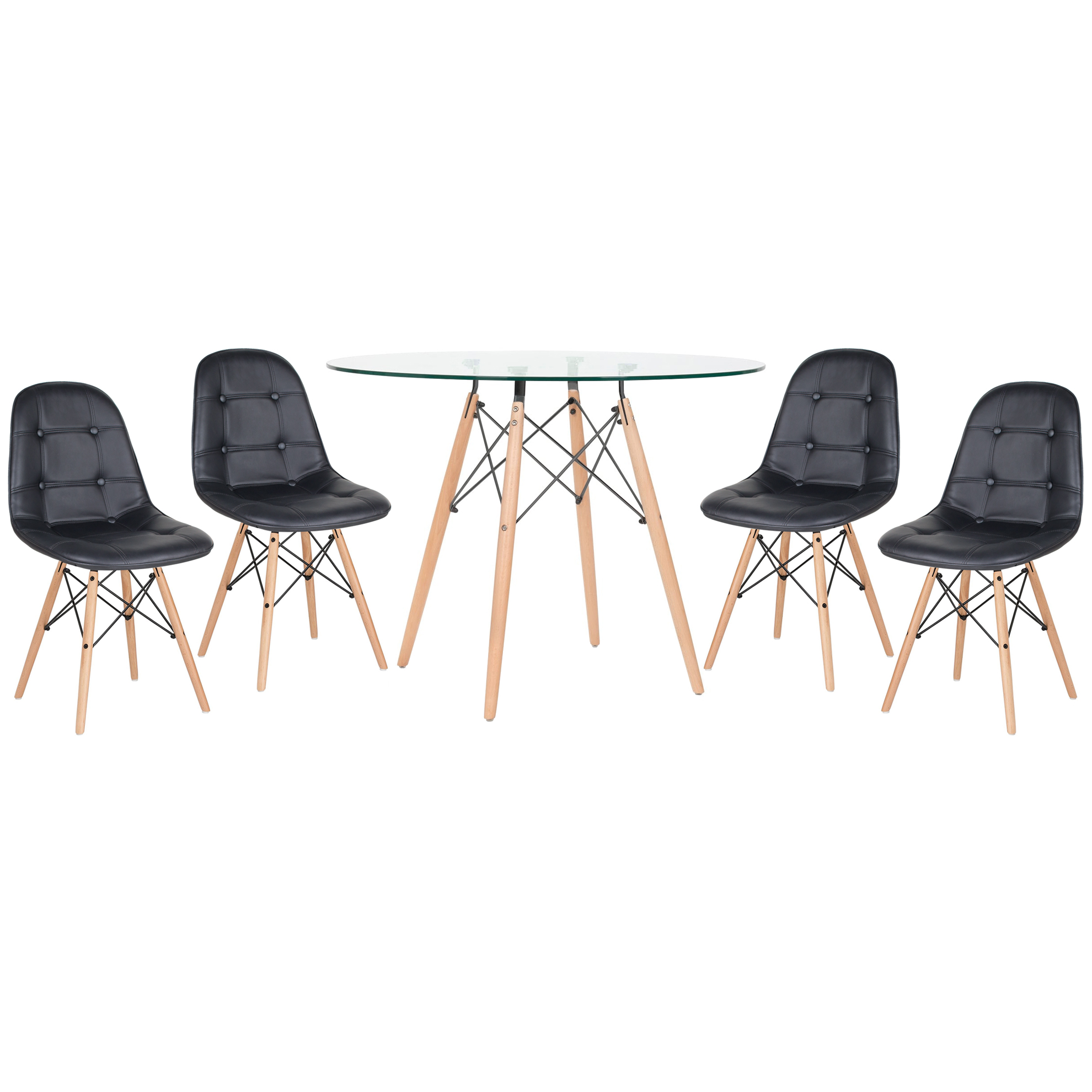 Conjunto Mesa de vidro Eames 100 cm + 4 cadeiras estofadas Eames Eiffel Botonê - Preto