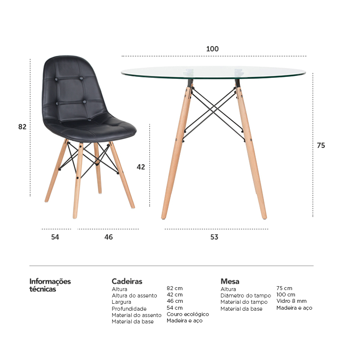 Conjunto Mesa de vidro Eames 100 cm + 4 cadeiras estofadas Eames Eiffel Botonê - Preto