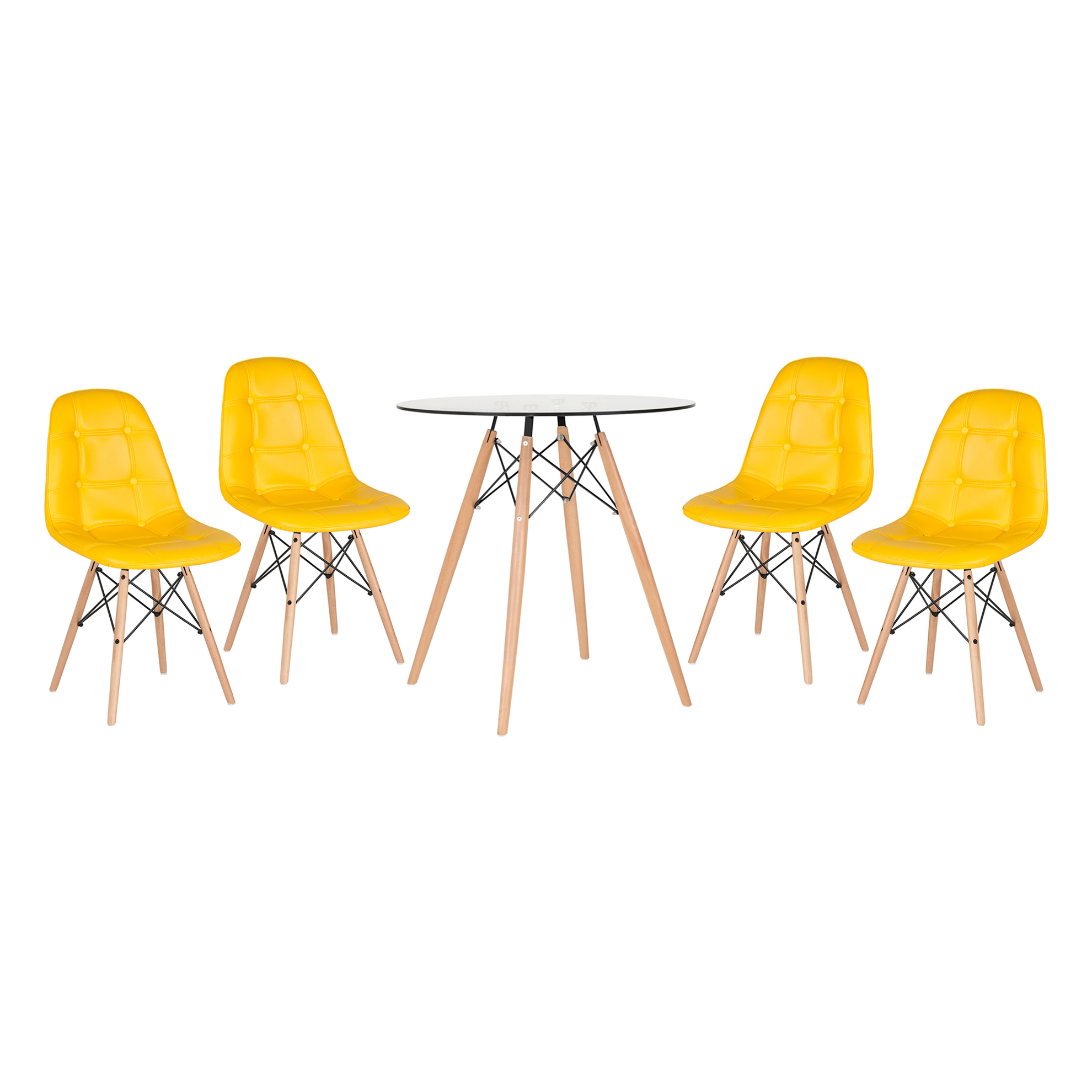 Conjunto Mesa de vidro Eames 70 cm + 4 cadeiras estofadas Eames Eiffel Botonê - Amarelo