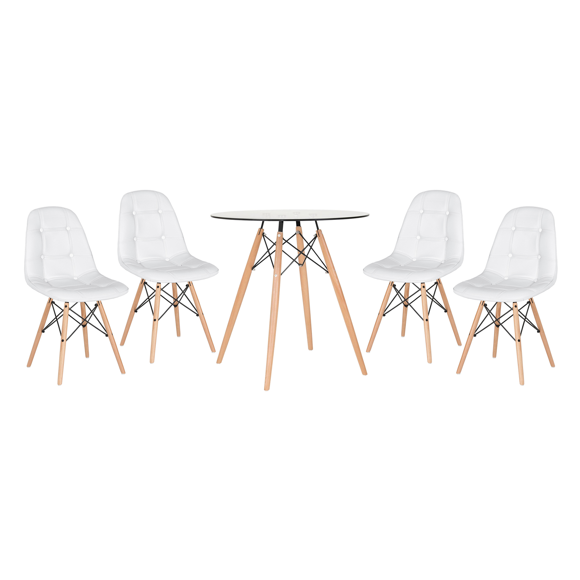 Conjunto Mesa de vidro Eames 70 cm + 4 cadeiras estofadas Eames Eiffel Botonê - Branco