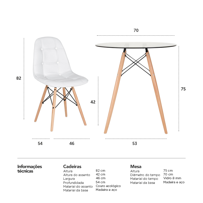 Conjunto Mesa de vidro Eames 70 cm + 4 cadeiras estofadas Eames Eiffel Botonê - Branco