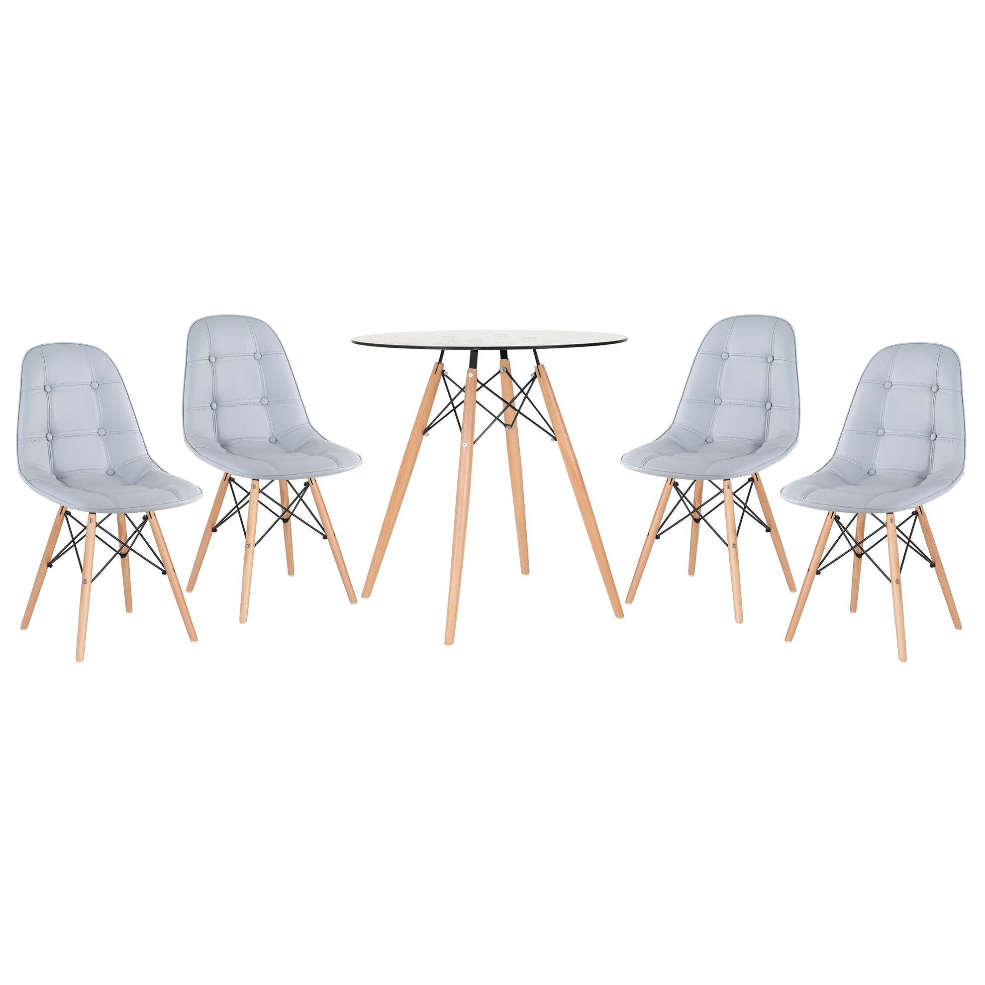 Conjunto Mesa de vidro Eames 70 cm + 4 cadeiras estofadas Eames Eiffel Botonê - Cinza claro