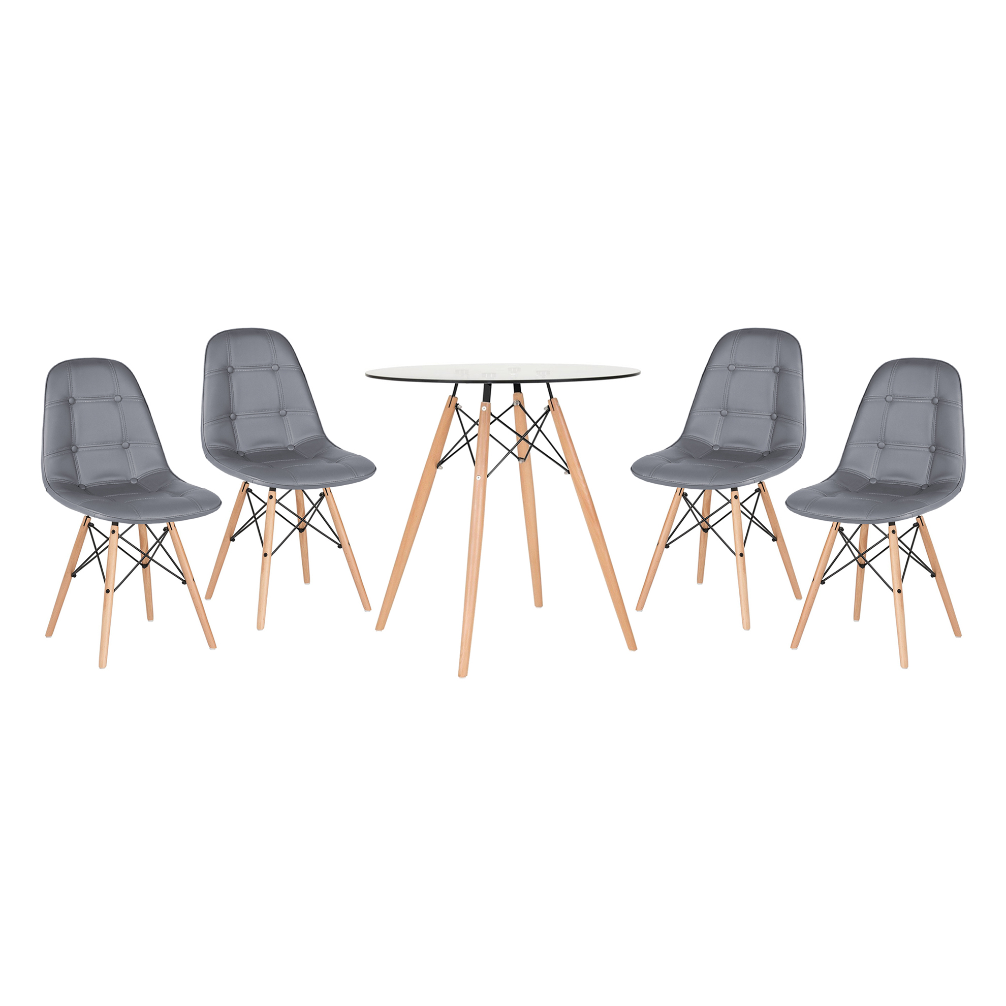 Conjunto Mesa de vidro Eames 70 cm + 4 cadeiras estofadas Eames Eiffel Botonê - Cinza escuro