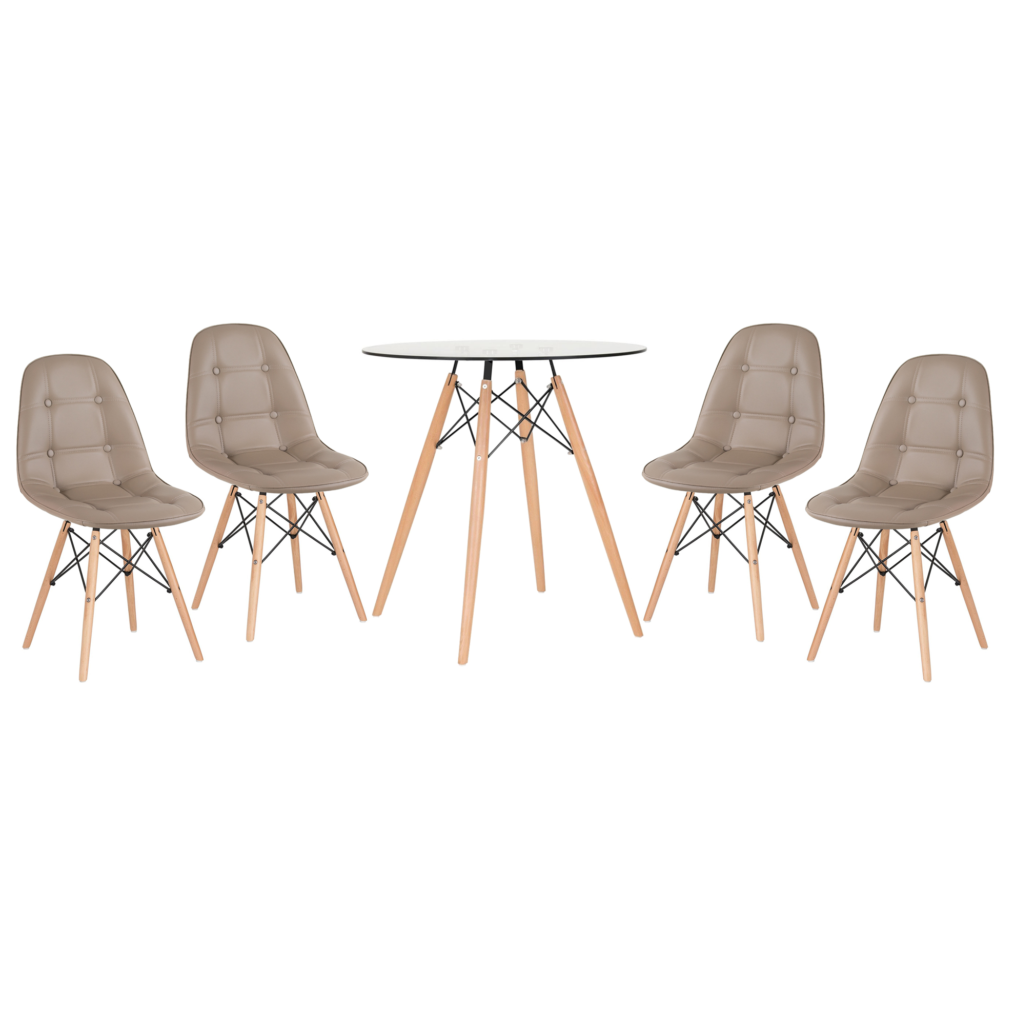 Conjunto Mesa de vidro Eames 70 cm + 4 cadeiras estofadas Eames Eiffel Botonê - Nude