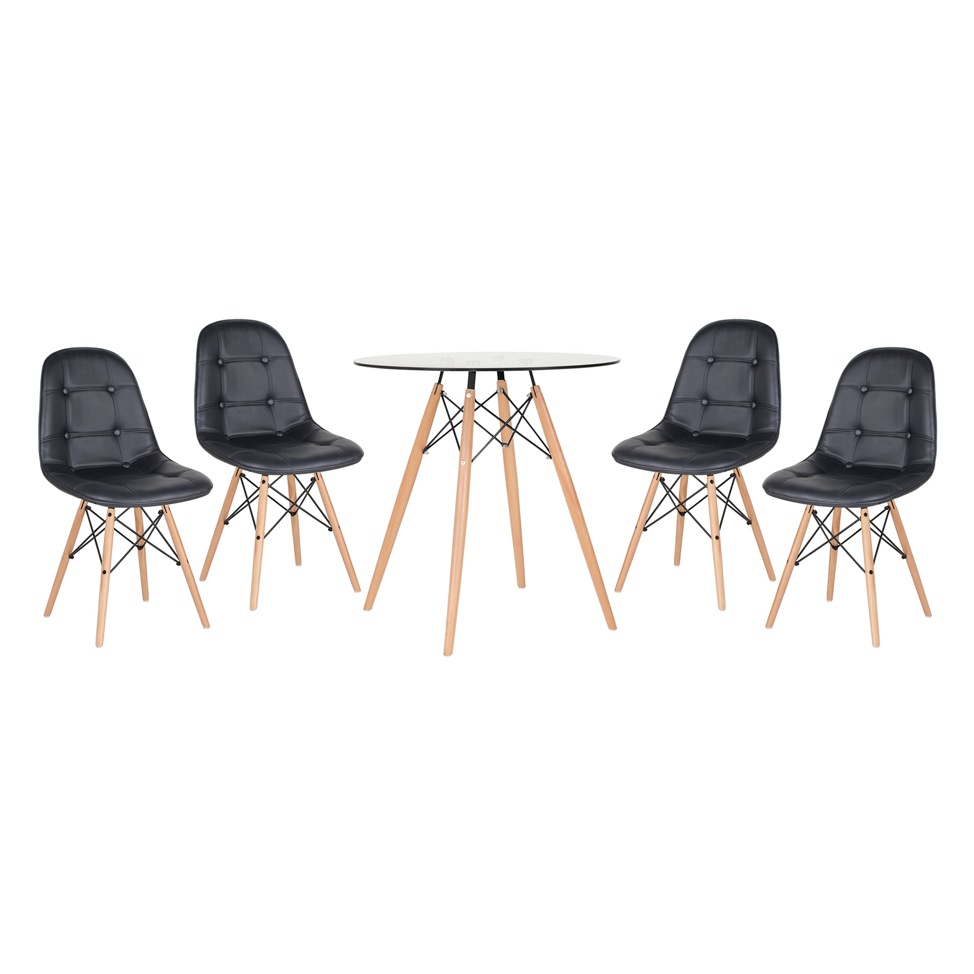 Conjunto Mesa de vidro Eames 70 cm + 4 cadeiras estofadas Eames Eiffel Botonê - Preto