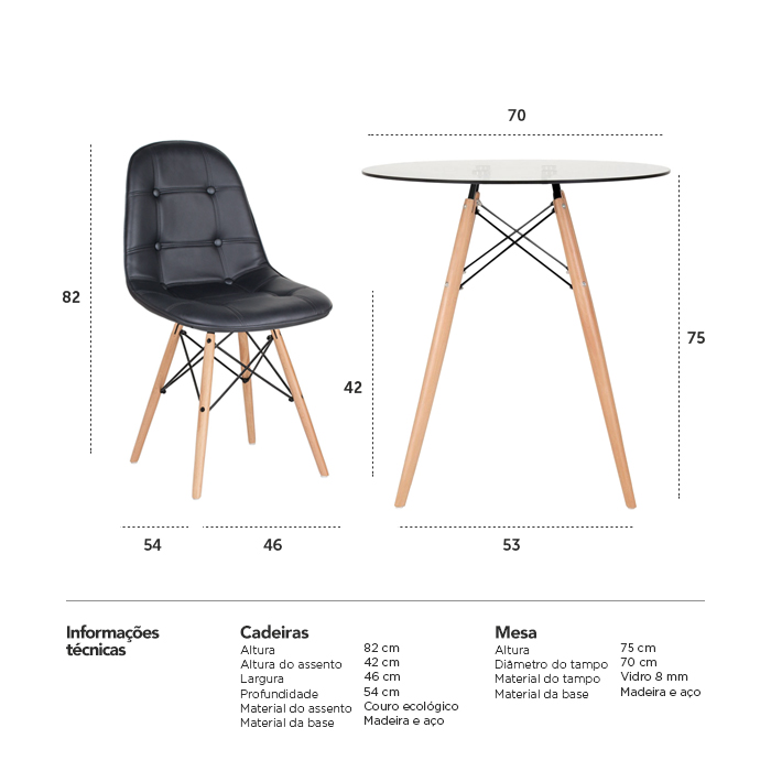 Conjunto Mesa de vidro Eames 70 cm + 4 cadeiras estofadas Eames Eiffel Botonê - Preto
