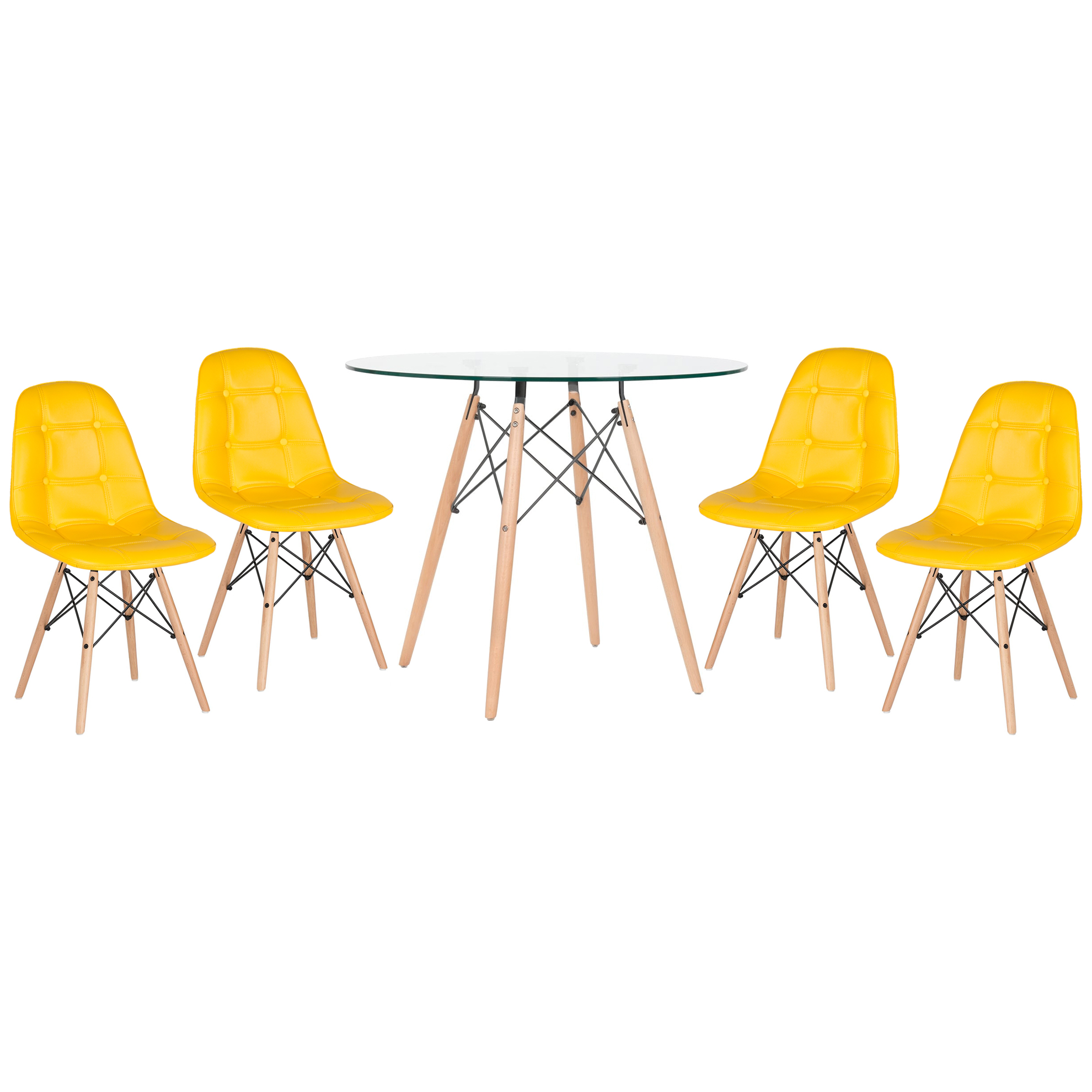Conjunto Mesa de vidro Eames 90 cm + 4 cadeiras estofadas Eames Eiffel Botonê - Amarelo