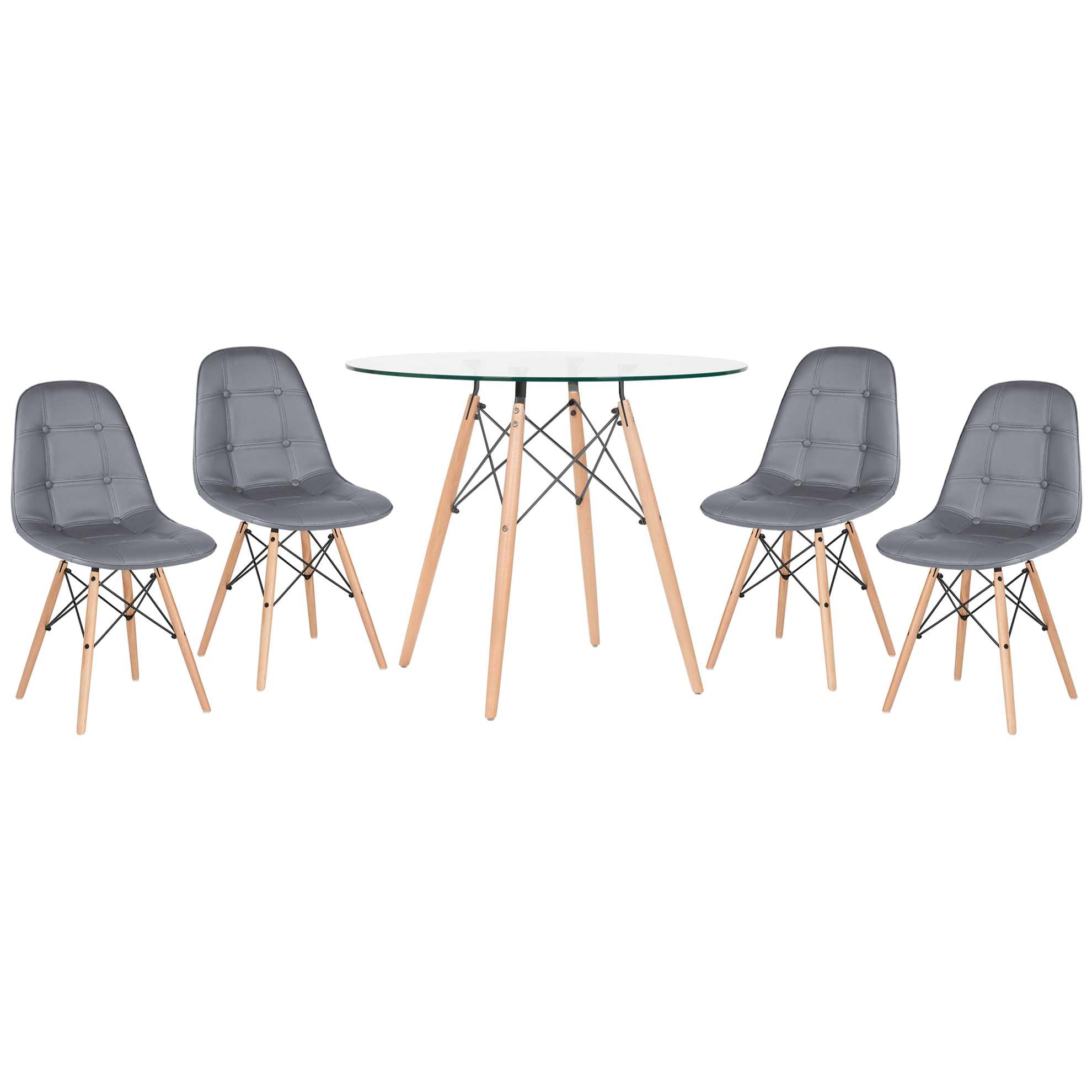 Conjunto Mesa de vidro Eames 90 cm + 4 cadeiras estofadas Eames Eiffel Botonê - Cinza escuro