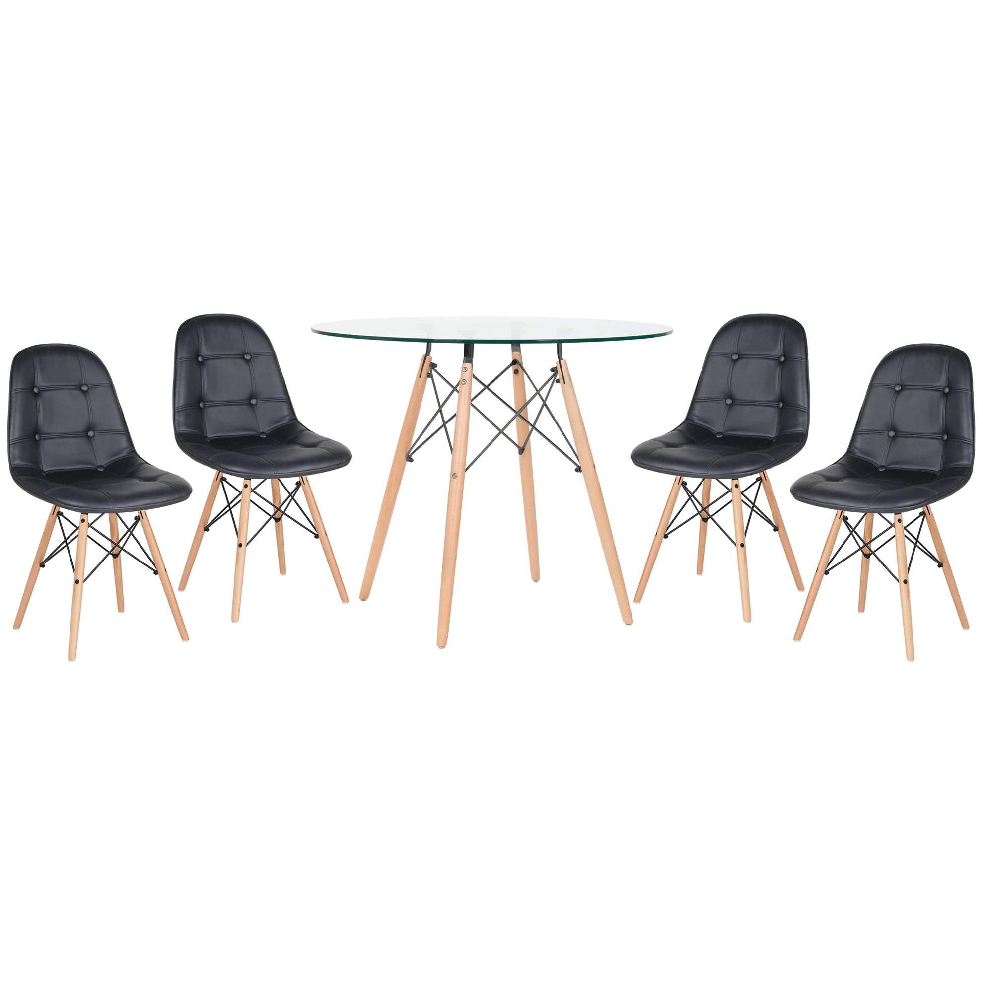 Conjunto Mesa de vidro Eames 90 cm + 4 cadeiras estofadas Eames Eiffel Botonê - Preto