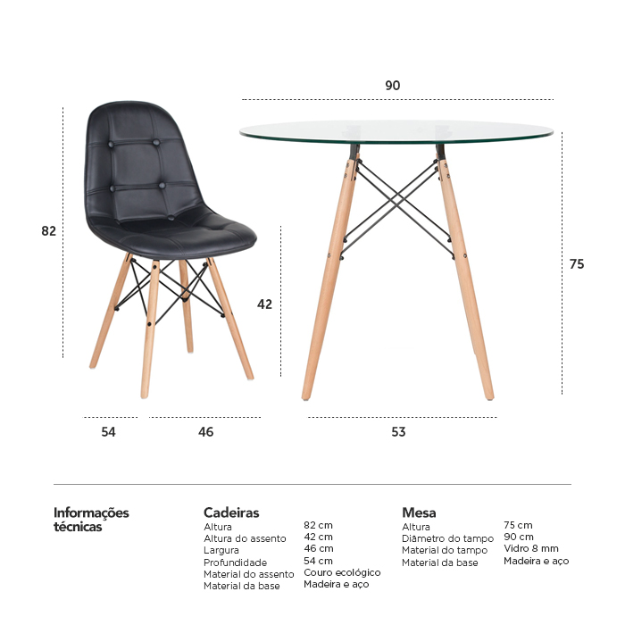Conjunto Mesa de vidro Eames 90 cm + 4 cadeiras estofadas Eames Eiffel Botonê - Preto