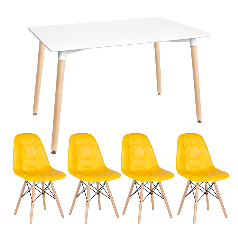 Conjunto mesa retangular 120 x 80 cm branco + 4 cadeiras Eames Eiffel Botonê amarelo