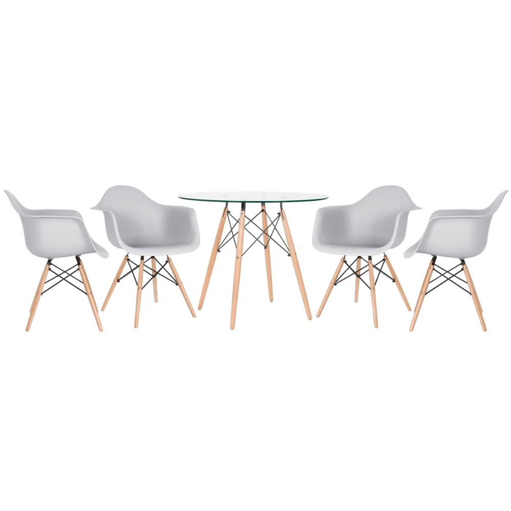 KIT - Mesa Eames com tampo de vidro 90 cm + 4 cadeiras Eiffel DAW Cinza claro