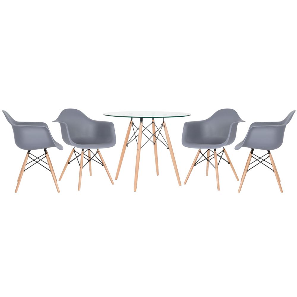 KIT - Mesa Eames com tampo de vidro 90 cm + 4 cadeiras Eiffel DAW Cinza escuro