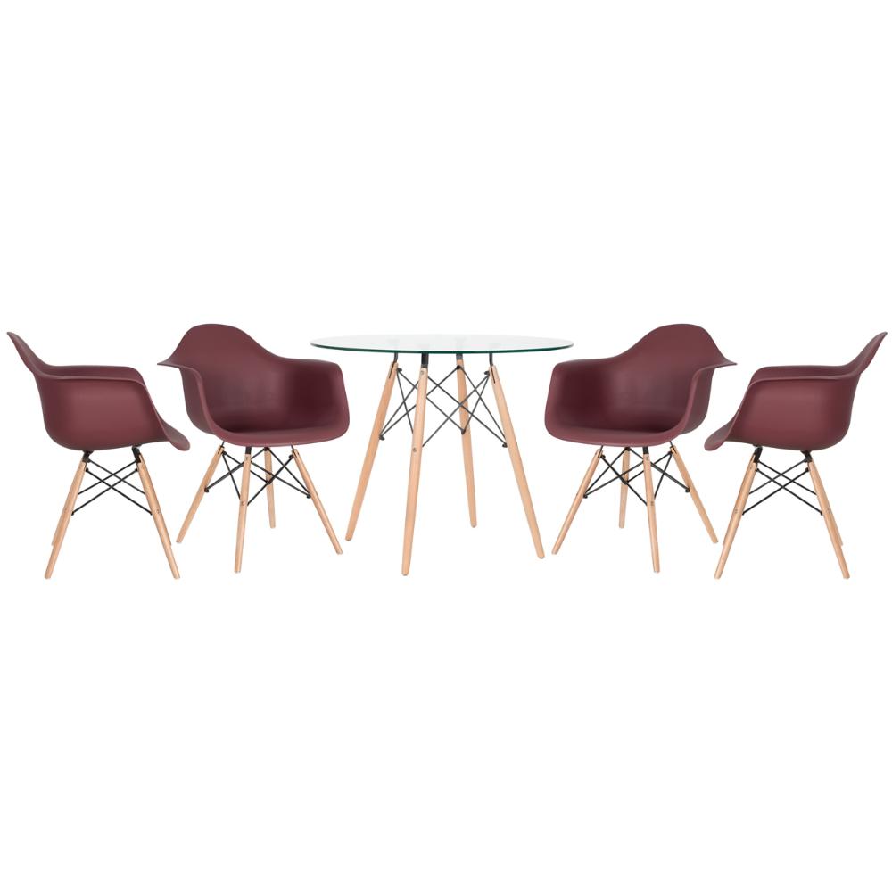 KIT - Mesa Eames com tampo de vidro 90 cm + 4 cadeiras Eiffel DAW Marrom