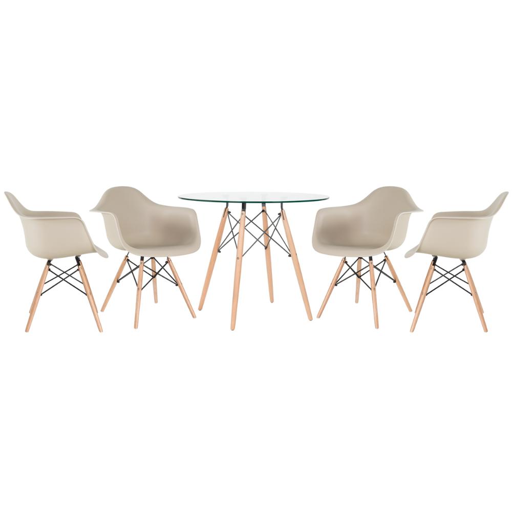 KIT - Mesa Eames com tampo de vidro 90 cm + 4 cadeiras Eiffel DAW Nude