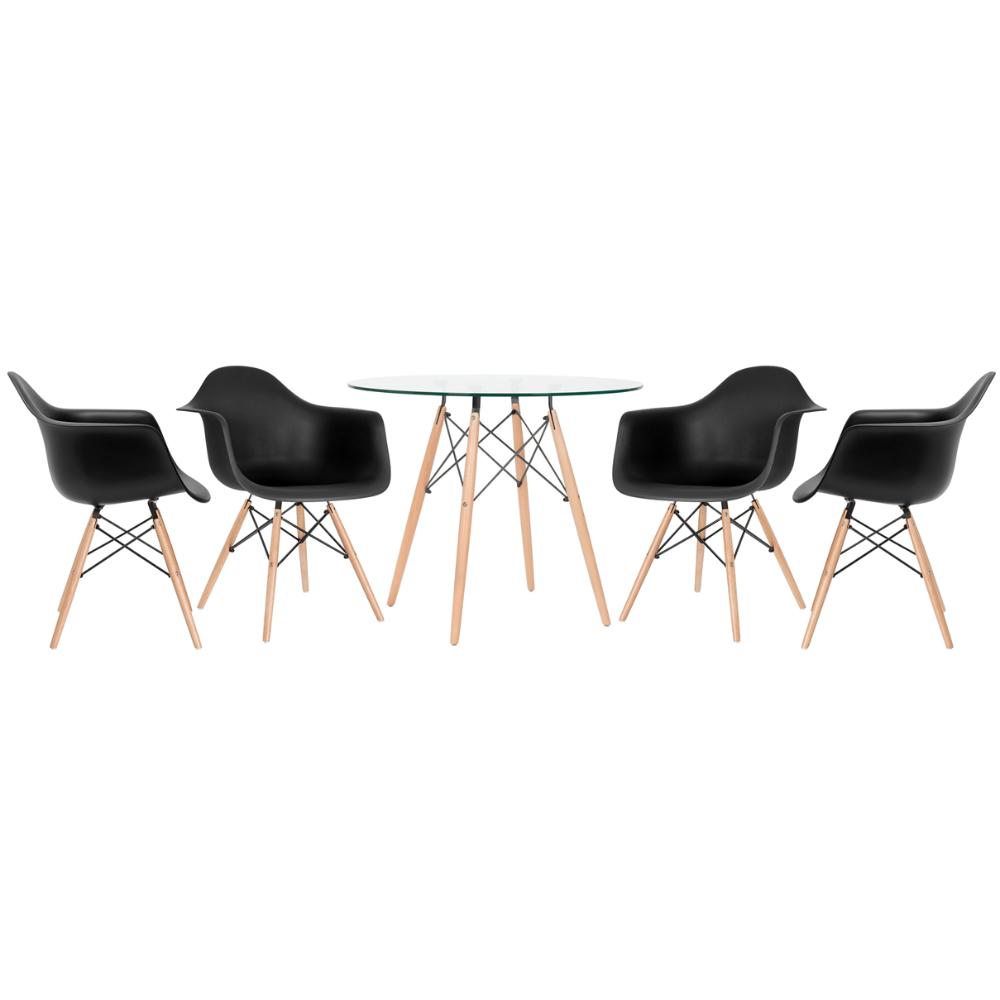 KIT - Mesa Eames com tampo de vidro 90 cm + 4 cadeiras Eiffel DAW Preto