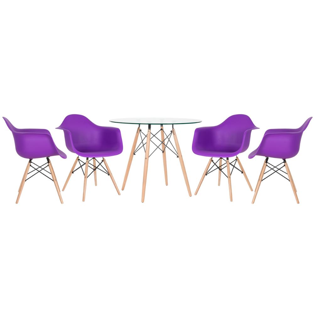 KIT - Mesa Eames com tampo de vidro 90 cm + 4 cadeiras Eiffel DAW Roxo