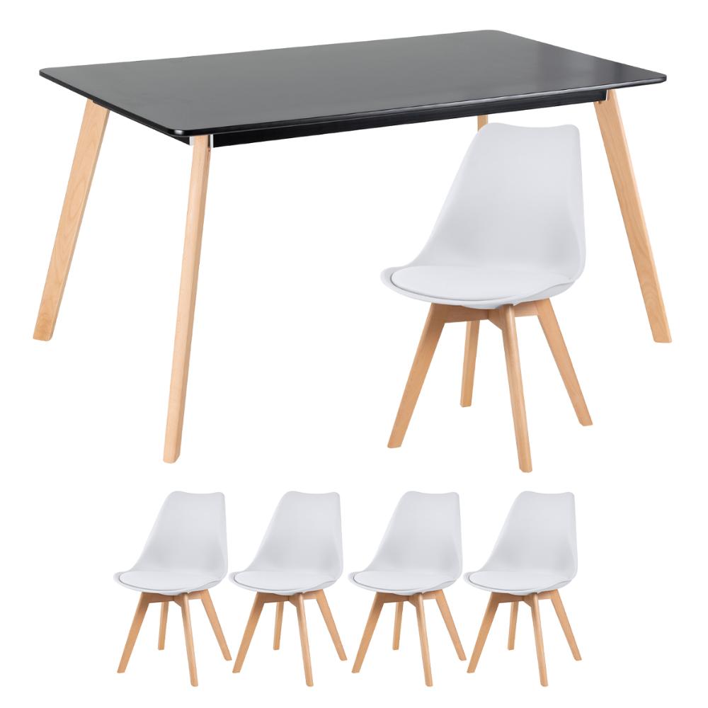 KIT - Mesa de jantar retangular 80 x 140 cm preto + 4 cadeiras Leda branco