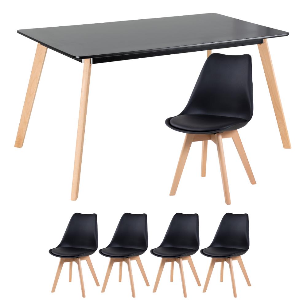 KIT - Mesa de jantar retangular 80 x 140 cm preto + 4 cadeiras Leda preto