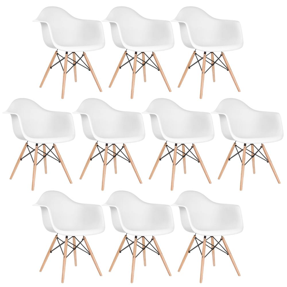 Kit 10 cadeiras Charles Eames Eiffel DAW com braços e pés de madeira clara Branco