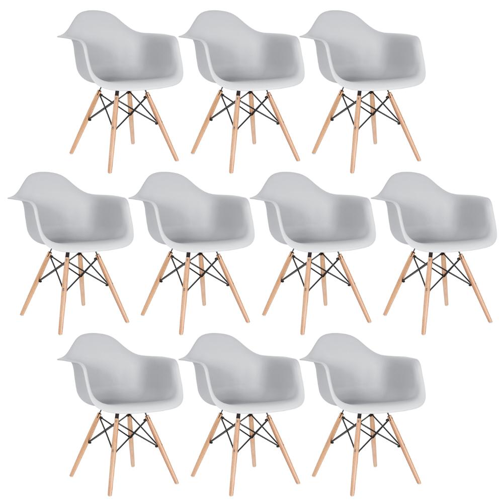 Kit 10 cadeiras Charles Eames Eiffel DAW com braços e pés de madeira clara Cinza-claro
