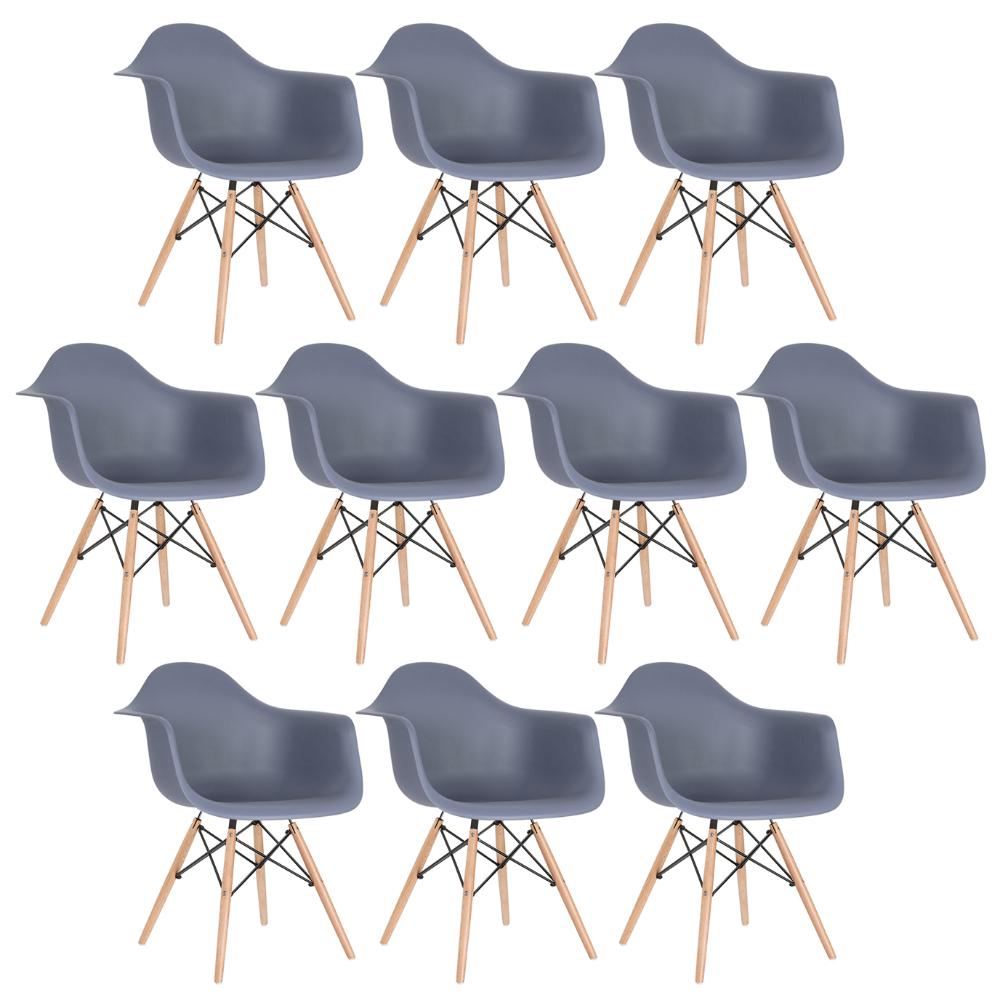 Kit 10 cadeiras Charles Eames Eiffel DAW com braços e pés de madeira clara Cinza-escuro