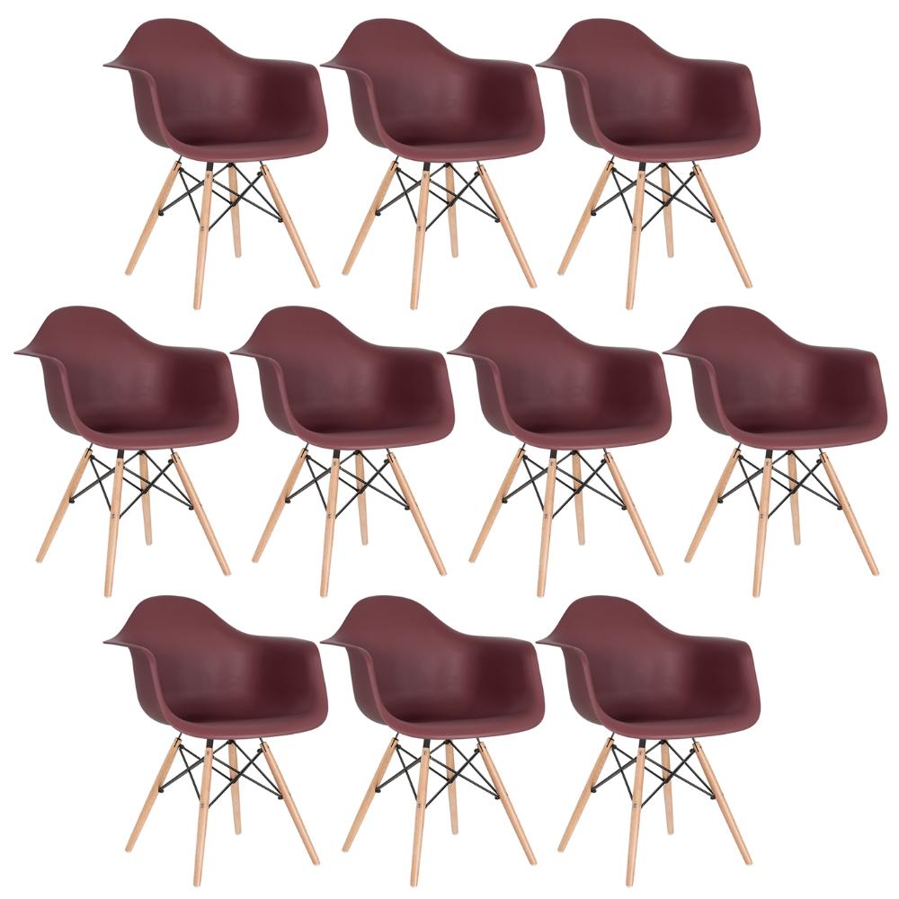 Kit 10 cadeiras Charles Eames Eiffel DAW com braços e pés de madeira clara Marrom