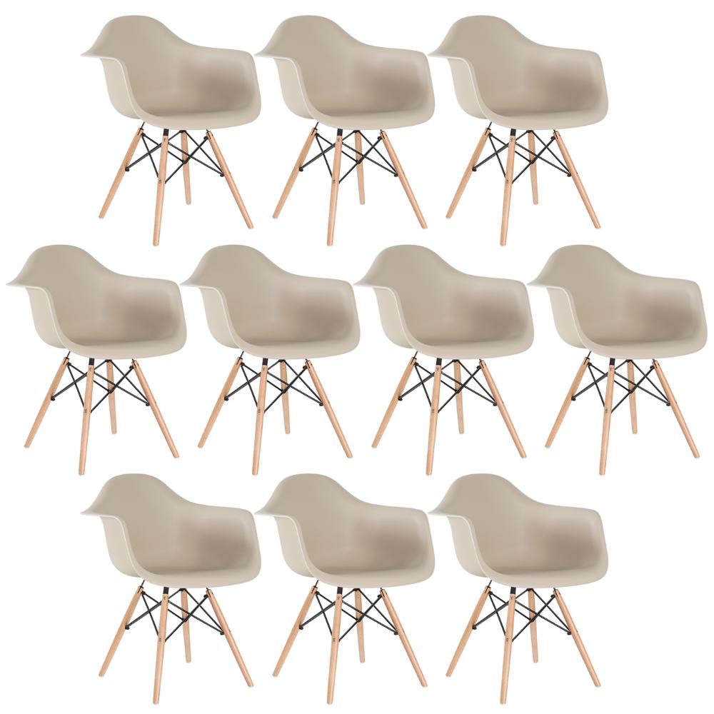 Kit 10 cadeiras Charles Eames Eiffel DAW com braços e pés de madeira clara Nude