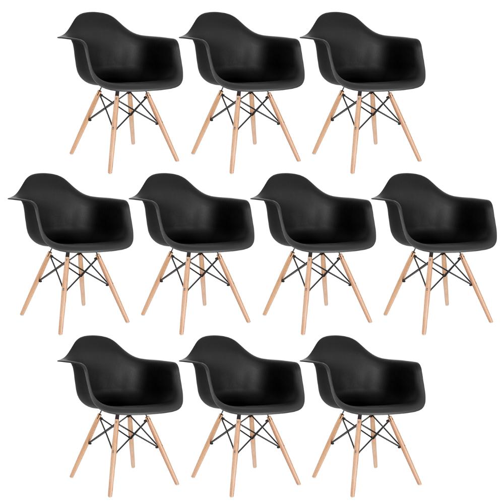 Kit 10 cadeiras Charles Eames Eiffel DAW com braços e pés de madeira clara Preto